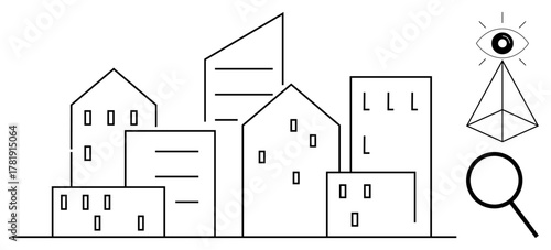 Urban buildings with geometric shapes complemented by an eye, pyramid, and magnifying glass symbolizing observation, scrutiny, and structure. Ideal for urban development, architecture, research