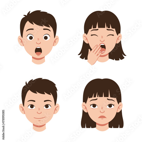 Cartoon Faces Surprised Boy Yawning Girl Smiling Boy Sad Girl.