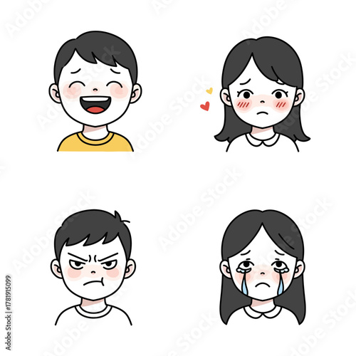 Cartoon faces showing happy sad angry and crying expressions with simple line art.