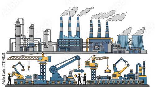 Factory Scene Illustrative View of Industrial Plants, Manufacturing, and Production