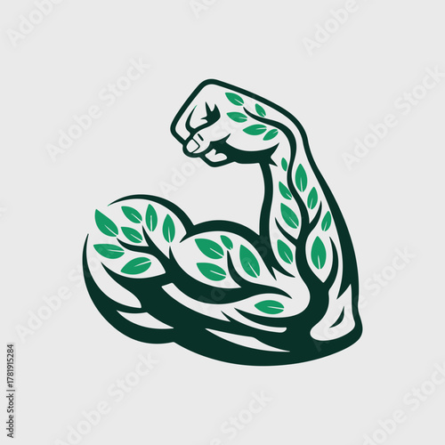 body builder's muscle with green leaves that shows power and energy