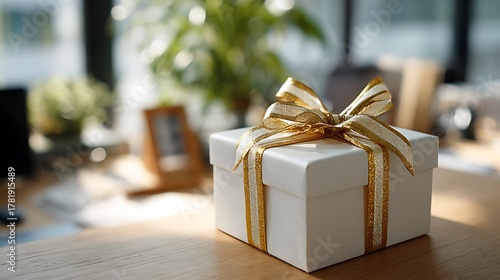 Giving a Gift Box with Golden Ribbon on a Bright Wooden Table