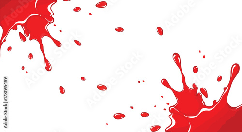 Red splashes of liquid with multiple small droplets are set against a white background