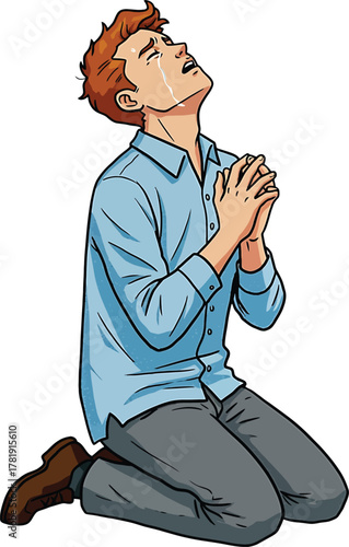 Cartoon Man Kneeling and Praying with Tears Streaming Down His Face on White Background crying
