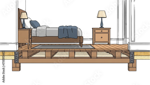 Architectural cross-section view of a residential timber frame floor system supporting a bedroom interior
