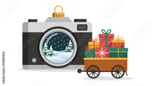 Winter Wonderland: A camera captures the magic of winter with a snowy landscape through its lens, accompanied by a festive toy train carrying a bounty of wrapped gifts.