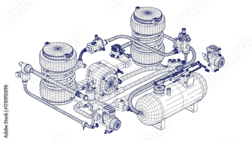 Engineering concept of an industrial pneumatic system with air springs and tank