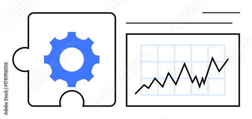 Gear puzzle piece combined with a rising line graph symbolizes process management, analytics, and growth. Ideal for strategy, teamwork, progress, data visualization, problem-solving, planning