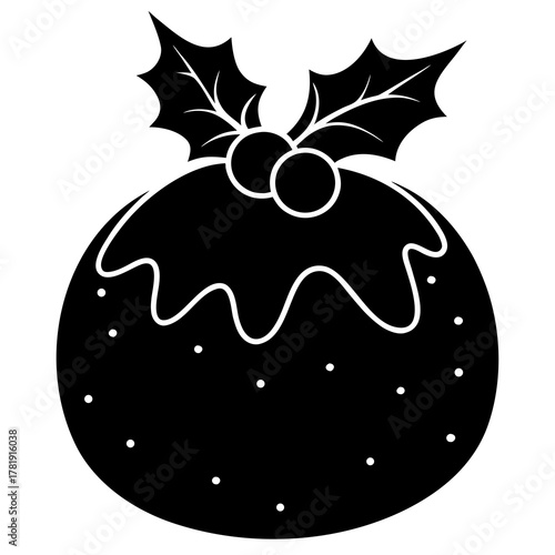 Christmas pudding with holly and berries black and white illustration