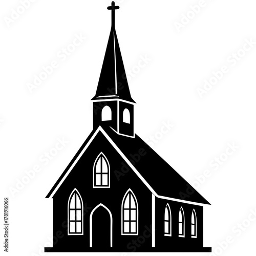 Black silhouette of a traditional church building with steeple and cross