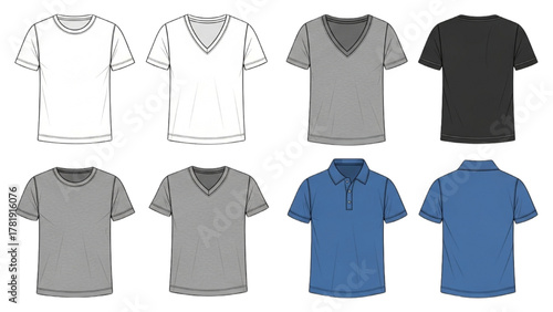 Collection of various t-shirt styles including V-neck and polo shirts