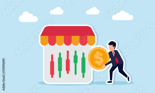 Businessman holding a dollar coin near an app interface with a canopy ornament showing candlestick chart illustrating stock broker or stock exchange trading