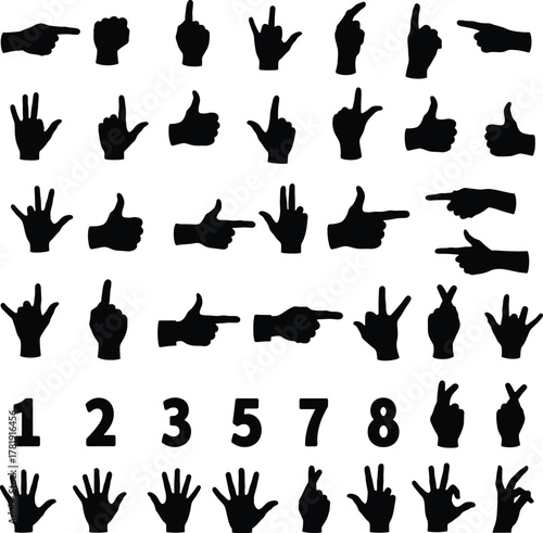 Collection of Hand Gestures and Numbers as Black Silhouettes on White Background Keywords: hand, gesture, sign, symbol, number, finger, pointing, thumb
