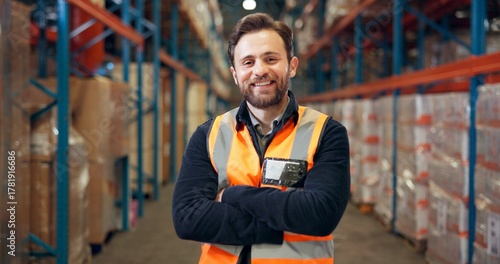 Tableau sur toile Happy man, portrait and supplier with confidence in warehouse for storage maintenance service