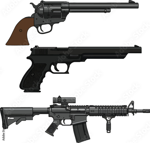 Collection of three firearms including a revolver a pistol and an assault rifle weapon