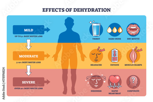 Dehydration effects overview, human silhouette, symptom icons, and arrows show mild to severe stages, explaining body water loss and warning signs like thirst and dizziness, transparent background.