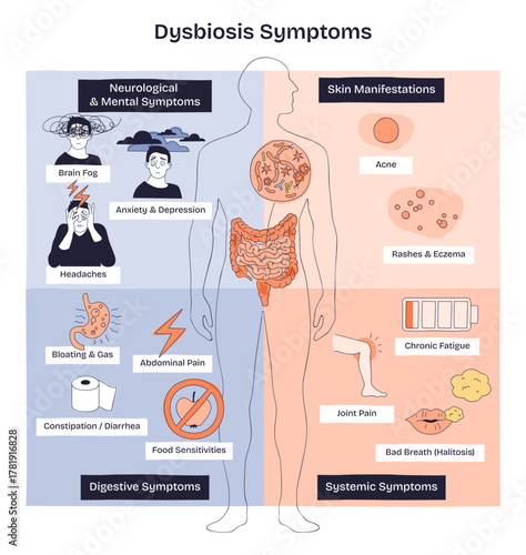Dysbiosis symptoms mapped, gut microbiome imbalance linking digestive, skin, and mental signs, key visuals include intestines, human silhouette, and symptom icons, transparent background.