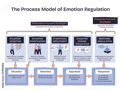 Emotion Regulation Techniques V2, process from situation to response via selection, modification, attention, reappraisal, key objects, panels, arrows, icons, transparent background.