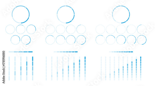 Gauge levels outline visualizes metrics and progress, circular gauges, dotted progress bars, and vertical meters convey data control and UI status, transparent background. Outline style collection