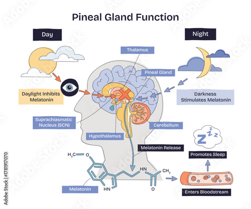 Pineal gland function, light vs dark signals drive melatonin release for sleep, shows brain pathway with pineal gland, melatonin molecule, and day-night icons, transparent background.