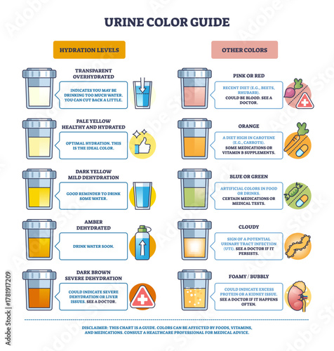 Urine color guide shows a hydration chart with sample cups and color scale, explaining meanings from transparent to dark brown and other hues for health cues, transparent background.