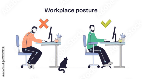 Workplace posture guide contrasts slouched vs ergonomic sitting to prevent strain, shows key objects, chair, monitor, desk, transparent background. Doodle style diagram
