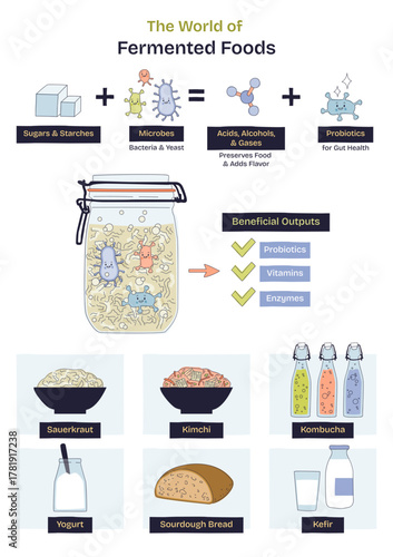 World of fermented foods, microbes in a jar turn sugars into probiotics, with sauerkraut and kimchi illustrating the process and benefits, transparent background. Doodle style diagram