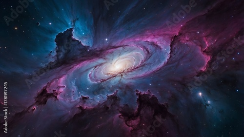 Breathtaking cosmic scene of colorful nebulas and bright stars in vivid purples, blues, and pinks.