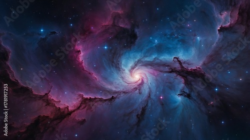 Breathtaking cosmic scene of colorful nebulas and bright stars in vivid purples, blues, and pinks.