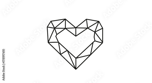 A minimalist black outline of a geometric heart shape with a faceted, low-poly design on a white background.