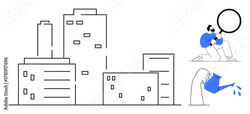 Cityscape illustration with buildings, a person examining with a magnifying glass, and a hand pouring water. Ideal for analysis, innovation, growth, sustainability, research, urban planning teamwork