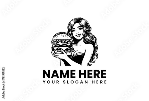 Retro-inspired illustration of a smiling woman holding a generously stacked, delicious gourmet burger, ideal for a classic restaurant or fast-food branding