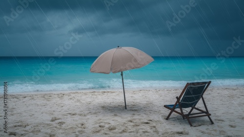 Fototapeta Naklejka Na Ścianę i Meble -  Stormy Beach. beautiful tropical beach, but it is dark, stormy, and raining heavily. A closed beach chair or umbrella is visible, looking sad and abandoned. Concept of ruined vacation and bad weather.