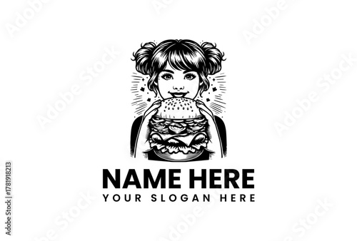 Delicious Delight Girl with Burger Logo for Restaurant or Food Brand
