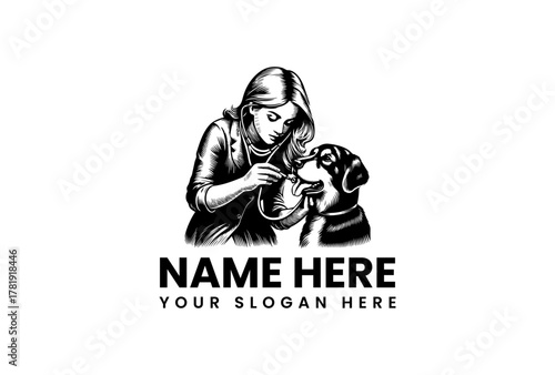 Caring Woman Feeds a Loyal Dog A Heartwarming Pet Care Logo Concept