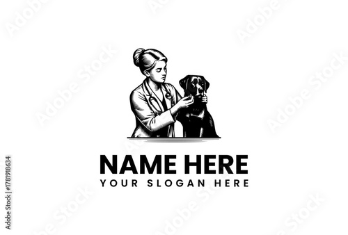 Veterinarian tending to a black Labrador retriever, with space for a logo name and slogan