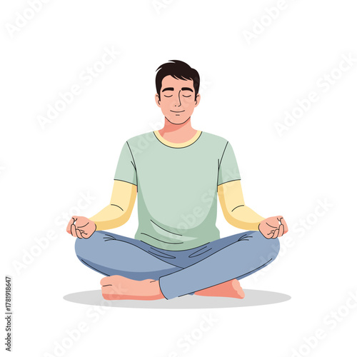Man meditating calmly in lotus position on white background