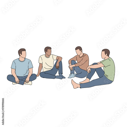 Group of men talking casually while sitting on floor, white background