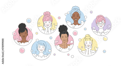 Diverse women enjoying bubble baths with smiles, white background