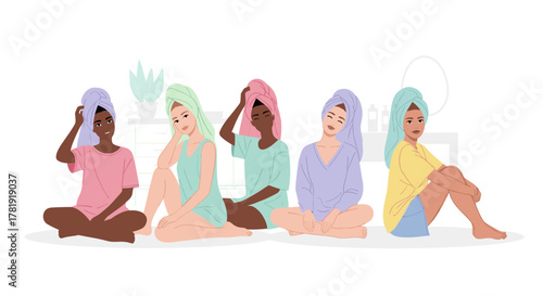 Group of diverse women drying hair with towels, white background