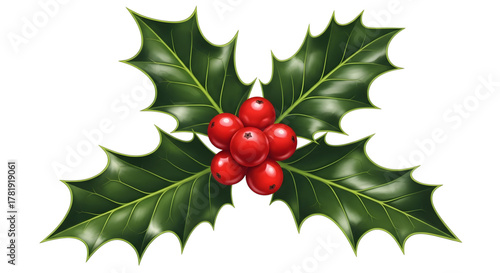Single holly sprig with red berries, isolated on transparent background
