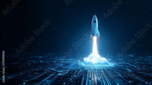 Stunning rocket launching from a futuristic circuit board, symbolizing innovative technology and digital transformation for business success