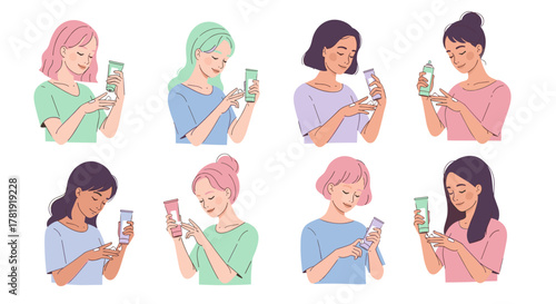 Diverse women applying hand cream in skincare routine, white background