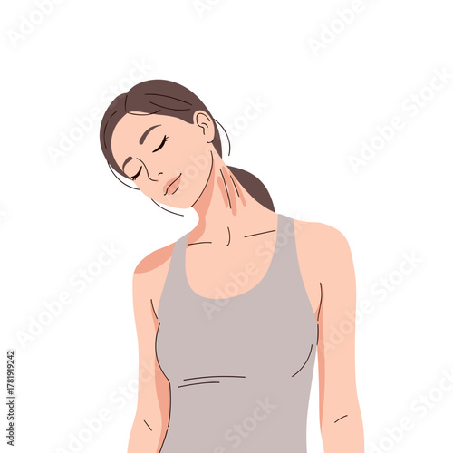 Woman stretching neck and shoulder gently, white background