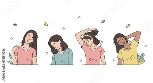 Diverse women stretching neck and shoulders gently, white background
