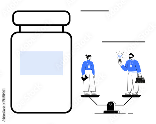 Large medicine bottle contrasts with two professionals balancing on scales, one holding a lightbulb. Ideal for health, innovation, decision-making, equality, teamwork, pharmaceutical research, ideas