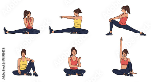 Woman performing various stretching exercises, white background