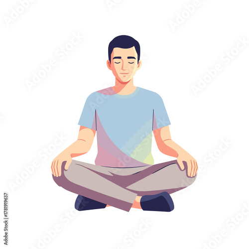 Man practicing deep breathing in seated pose, white background