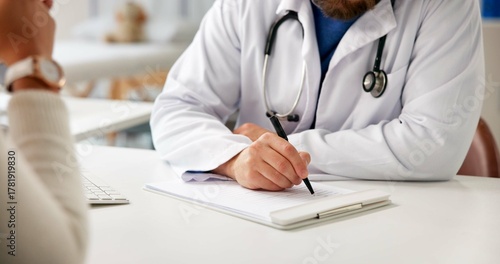 Canvastavla Doctor, hands or writing in office with patient for consultation, symptoms or insurance information