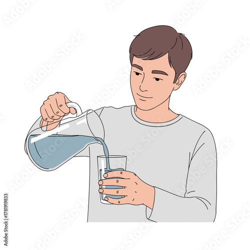 Man pouring water into glass with focused expression, white background